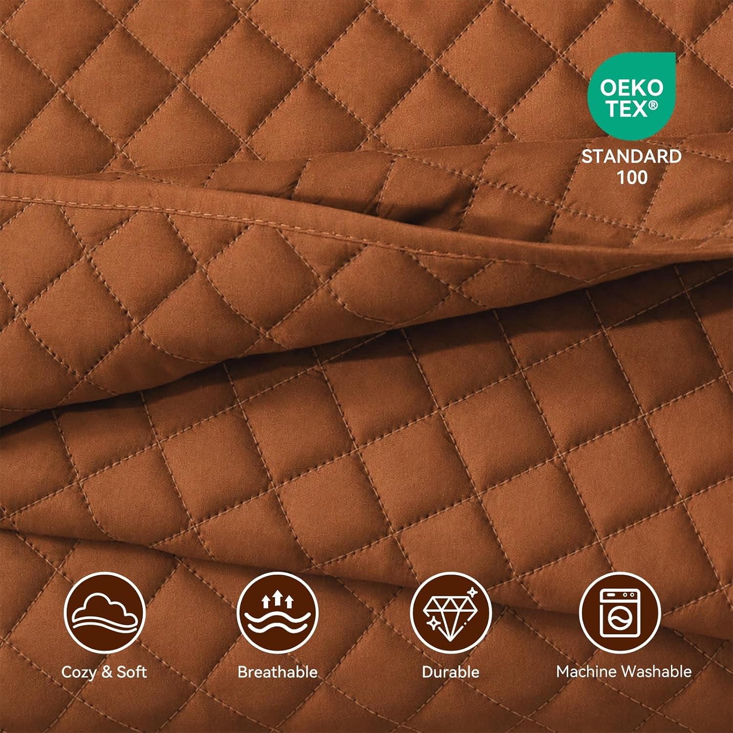 Quilt Set King Brunt Orange, Lightweight Comforter Bedspread Soft Reversible Coverlet King Size for All Season 3Pcs Rust Diamond Quilted Bedding Sets Bed Cover (1 Quilt 2 Pillow Shams)