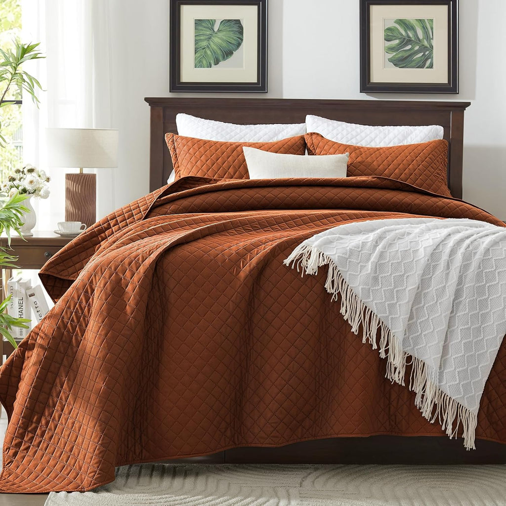 Quilt Set King Brunt Orange, Lightweight Comforter Bedspread Soft Reversible Coverlet King Size for All Season 3Pcs Rust Diamond Quilted Bedding Sets Bed Cover (1 Quilt 2 Pillow Shams)