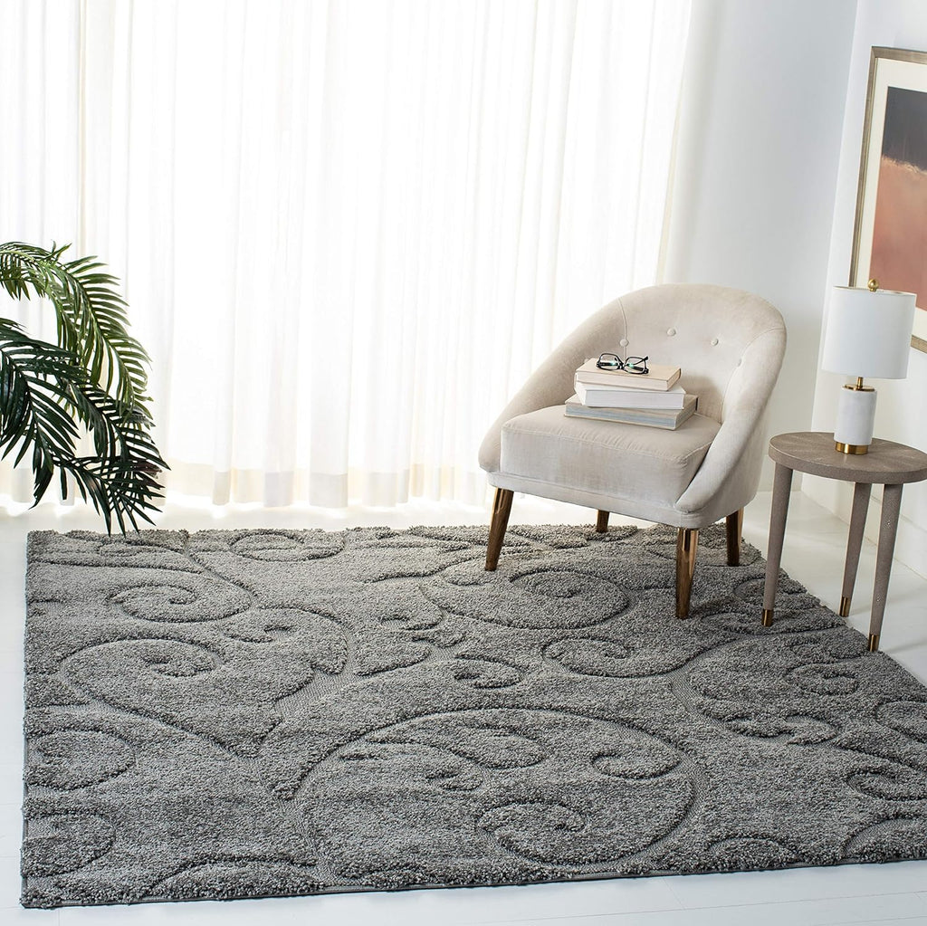 SAFAVIEH Florida Shag Collection Area Rug - 6'7" Square, Grey, Scroll Design, Non-Shedding & Easy to Clean, High-Low Plush Pile, Ideal for Living Room, Bedroom, Dining Space (SG455-8013)